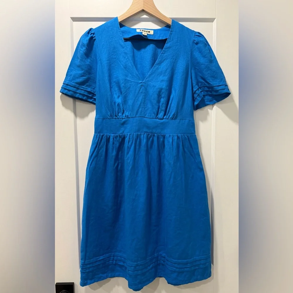 Boden 100% Linen Blue V-Neck Puff Sleeve Dress US 8R - Picture 2 of 11